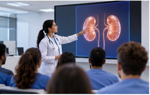Clinical educator teaching a patient about kidney health