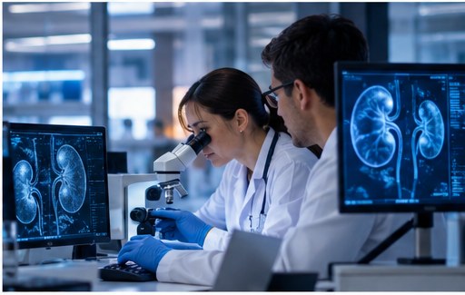 A clinician educating a kidney patient